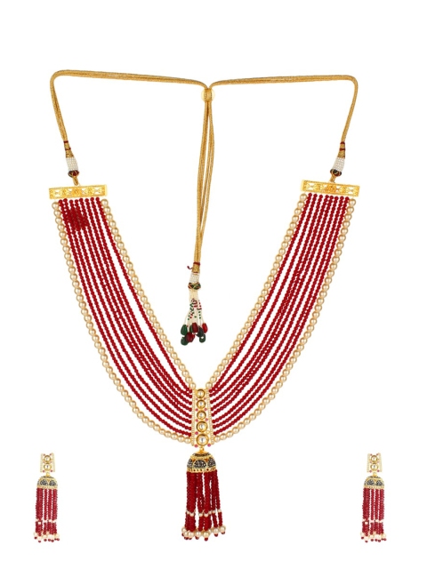 

Runjhun Gold-Plated Red & Beige Stone-Studded Beaded Handcrafted Jewellery Set