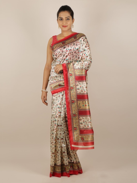 

Pothys Cream-Coloured & Red Jute Silk Printed Saree