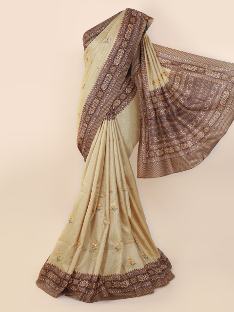 

Pothys Cream-Coloured & Brown Jute Cotton Embroidered Saree