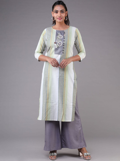 

KLM Fashion Mall Women Green & Grey Striped Thread Work Kurta