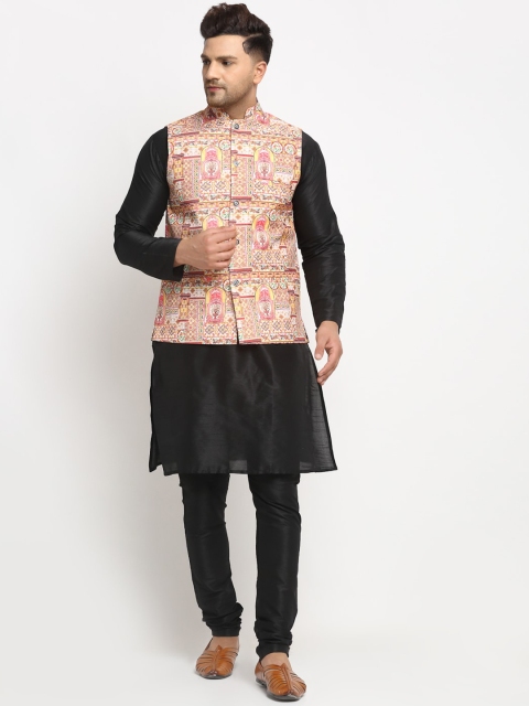 

Benstoke Men Black & Beige Solid Kurta with Churidar & Nehru Jacket