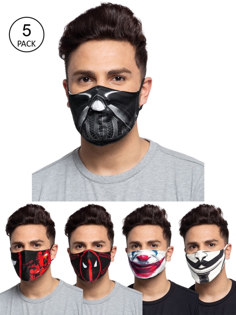 

TREEMODA Men Pack Of 5 Printed 3-Ply Reusable Cloth Masks, Black