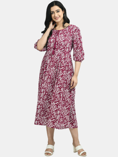 

Aaruvi Ruchi Verma Women Burgundy & White Floral Printed Maternity Fit and Flare Dress