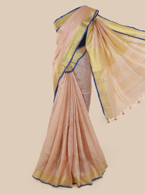 

Pothys Peach-Coloured & Gold-Toned Linen Blend Solid Saree