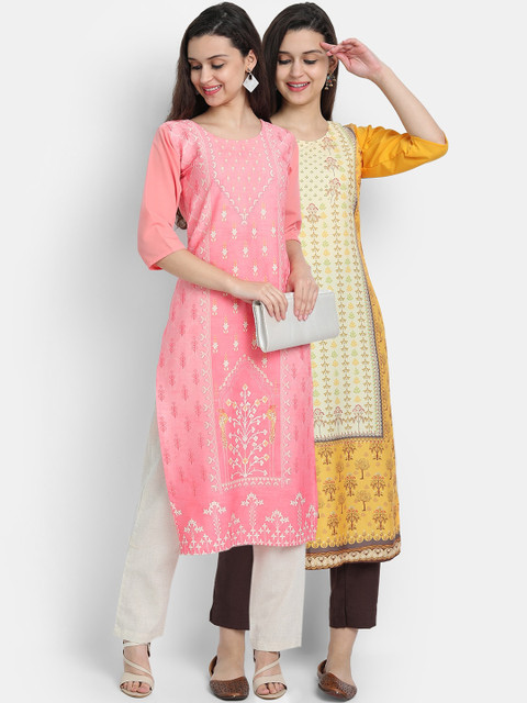 

7threads women Pack Of 2 pink & yellow ethnic motifs printed crepe kurta