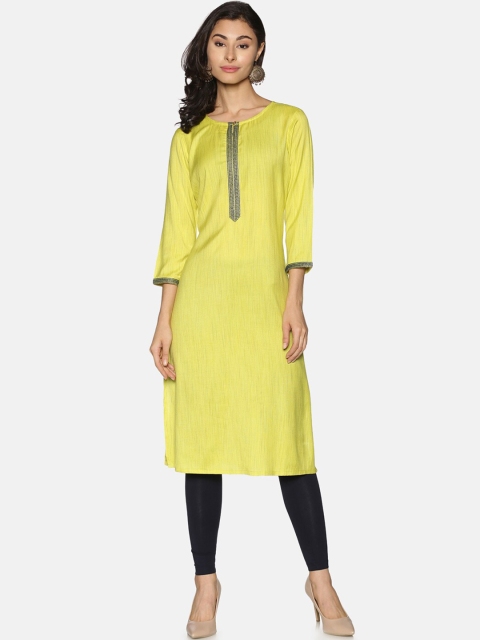 

Saffron Threads Women Lime Green Yoke Design Thread Work Kurta