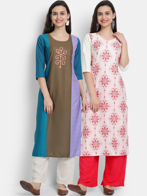 

7threads women Pack Of 2 brown & white floral printed crepe kurta