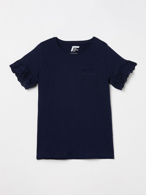 

Fame Forever by Lifestyle Navy Blue Bell Sleeves Pure Cotton Top