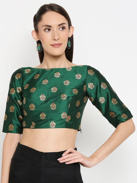 

Desi Weavess Women Gold-Coloured & Green Woven-Design Readymade Saree Blouse