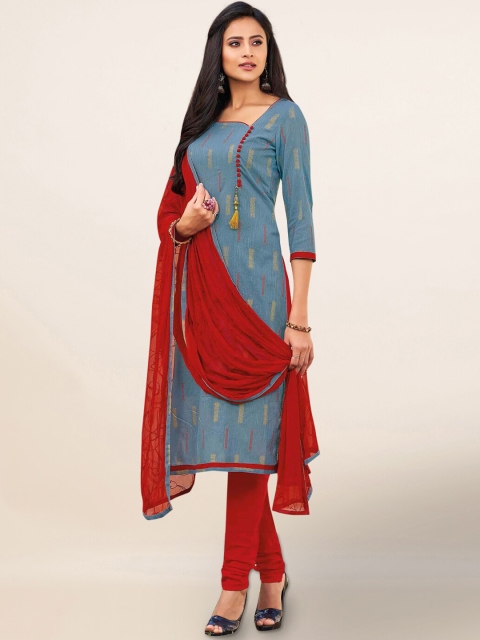 

Pothys Grey & Red Cotton Blend Unstitched Dress Material