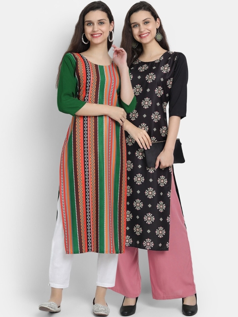 7threads women Pack Of 2 green & black ethnic motifs printed crepe kurta