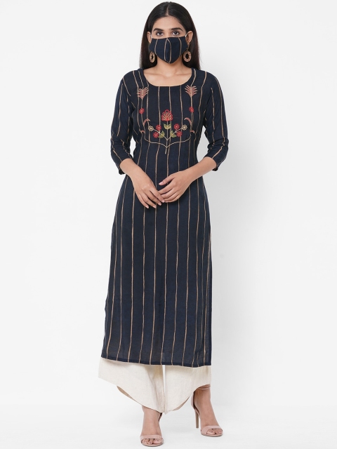 

Fashor Women Navy Blue & Gold Striped Thread Work Kurta