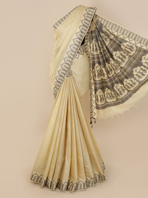 

Pothys Cream-Coloured Solid Linen Blend Saree