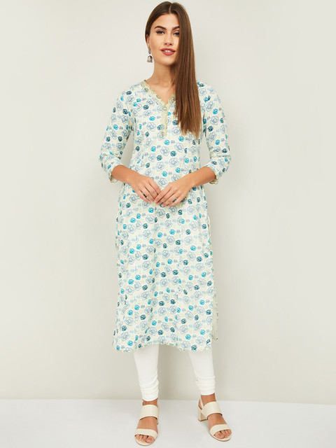 

Melange by Lifestyle Women Off White & Turquoise Blue Floral Printed Kurta