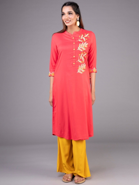 

KLM Fashion Mall Women Coral Pink Floral Embroidered Kurta