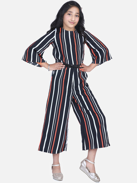 

LilPicks Girls Blue & Black Striped Capri Jumpsuit