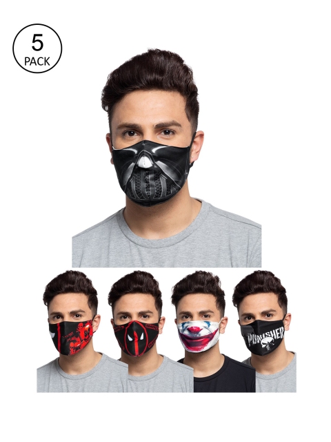 

TREEMODA Men Pack Of 5 Printed 3-Ply Reusable Cloth Masks, Black