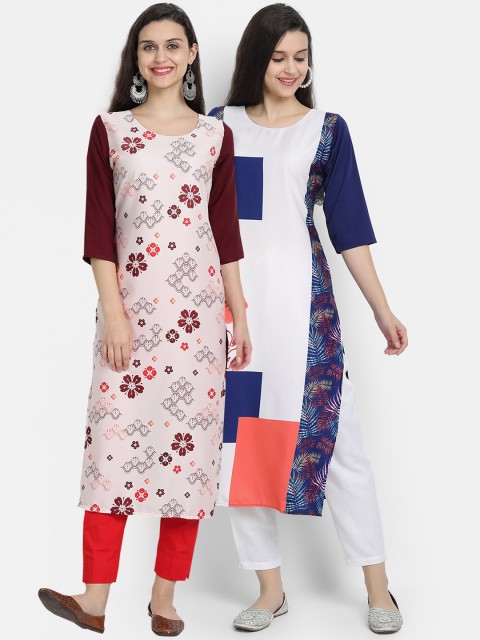 

7threads women Pack Of 2 blue & maroon floral printed crepe kurta