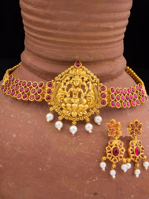 

Alankruthi Gold-Plated Pink & White Stone-Studded Beaded Laxmi Temple Jewellery Set
