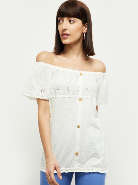 Max Women Cream-coloured Schiffli Cotton Bardot Top