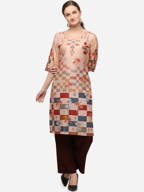 

Venisa Women Peach-Coloured & Blue Geometric Printed Crepe Kurta