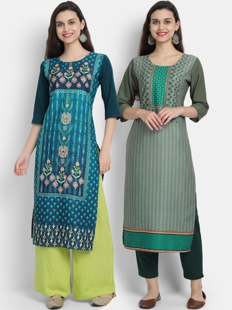 

7threads women Pack Of 2 blue & green ethnic motifs printed floral crepe kurta