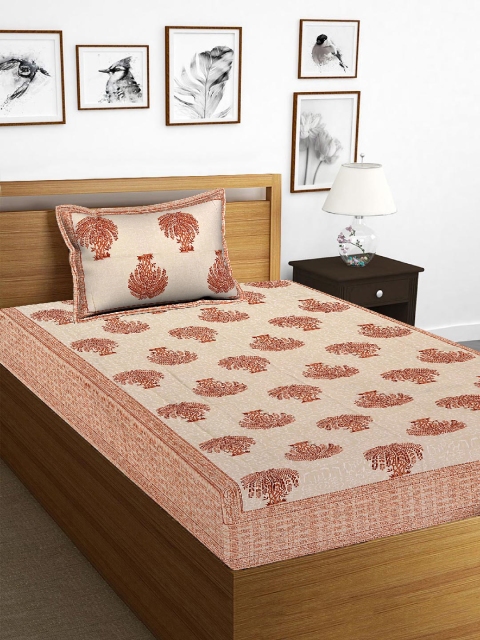 

Tistabene Cream-Coloured & Brown Floral 180 TC Cotton 1 Single Bedsheet & 1 Pillow Cover