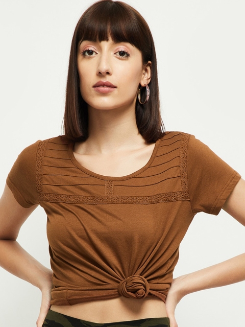 

max Women Brown Solid Round Neck T-shirt