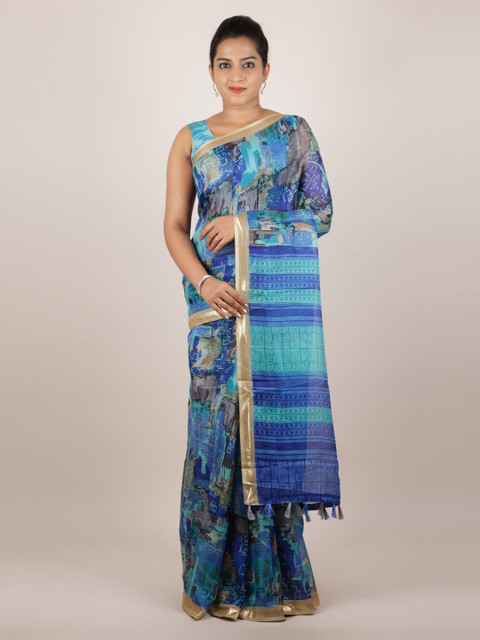 

Pothys Blue Printed Jute Silk Saree