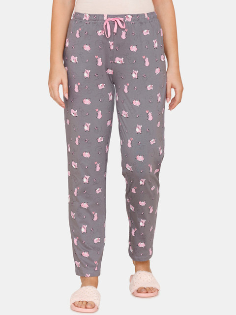 

Zivame Women Grey Melange & Pink Printed Cotton Pyjamas