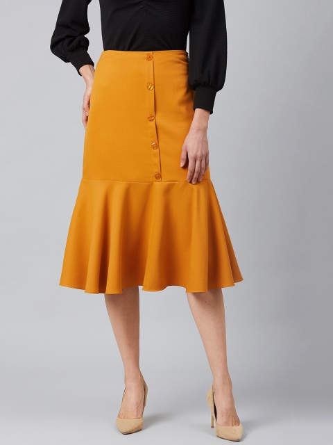 

Marie Claire Women Mustard Yellow Solid A-Line Midi Skirt
