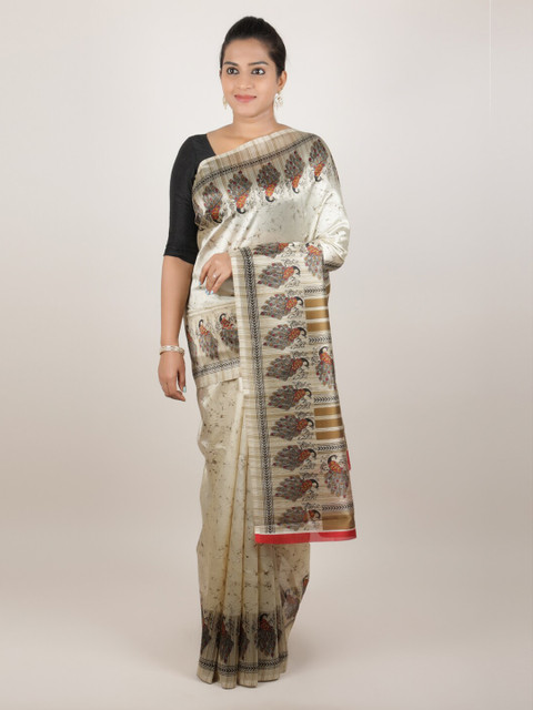 

Pothys Cream-Coloured Printed Jute Silk Saree