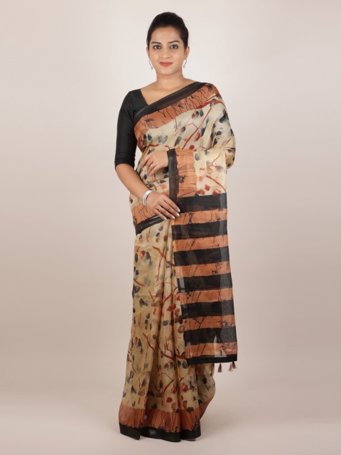 

Pothys Cream-Coloured & Black Jute Silk Printed Saree