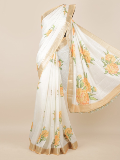 

Pothys White & Gold-Toned Linen Blend Printed Saree