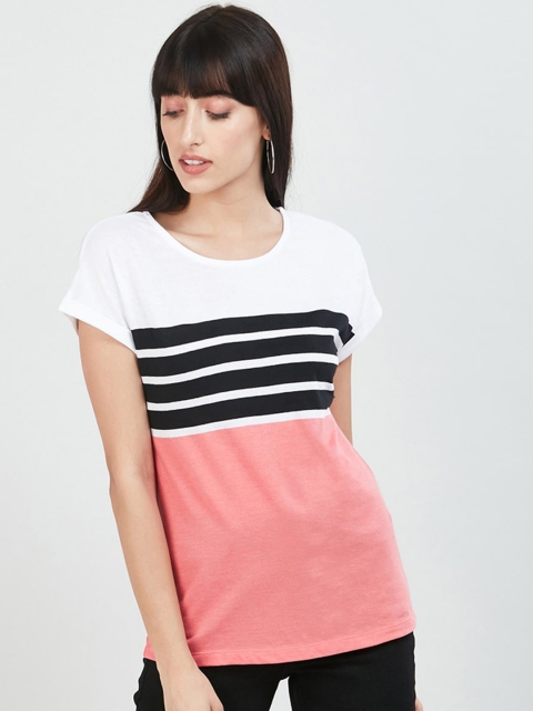 

max Women White & Pink Striped Round Neck T-shirt