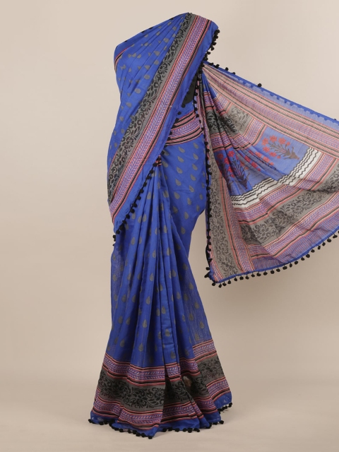 

Pothys Blue Printed Linen Blend Saree