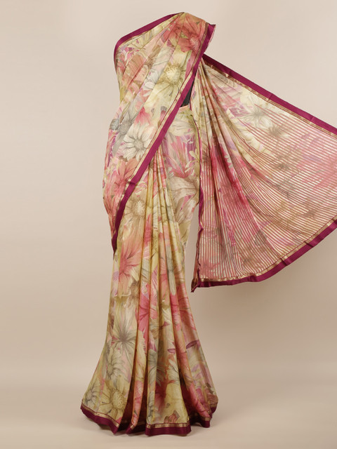 

Pothys Beige & Pink Poly Chiffon Printed Saree
