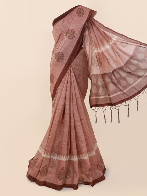 

Pothys Peach-Coloured & Brown Cotton Blend Solid Saree