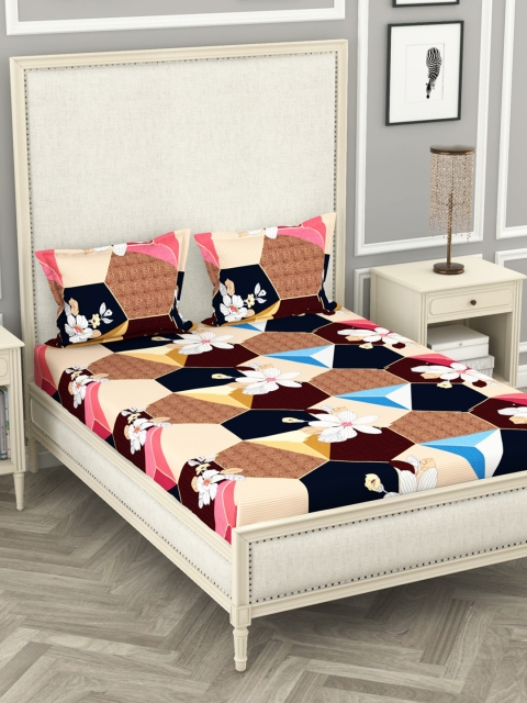 

BIANCA Brown & Cream-Coloured Floral 210 TC Polyester 1 King Bedsheet with 2 Pillow Covers