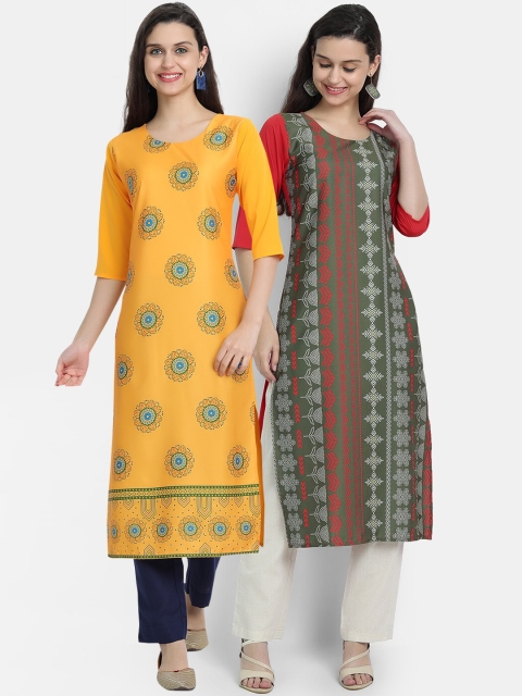 

7threads women Pack Of 2 maroon & yellow ethnic motifs crepe kurta