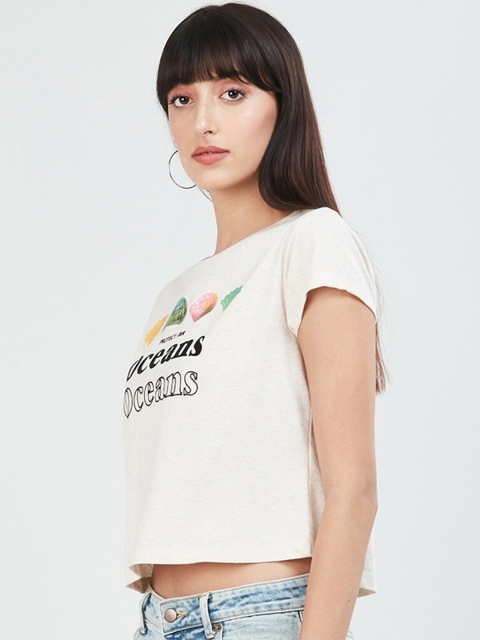 max Women Cream Printed Round Neck Tshirt