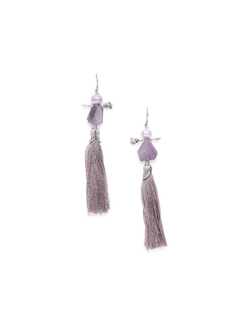

CRZ Silver-Toned & Purple Rhodium-Plated Contemporary Drop Earrings