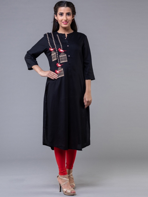 Klm fashion mall women black & beige quirky embroidered thread work kurta