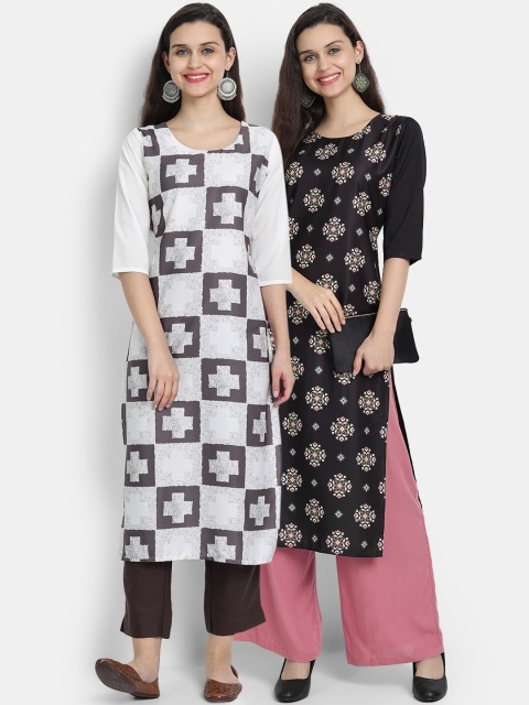 

7threads women Pack Of 2 black & white floral printed crepe kurta