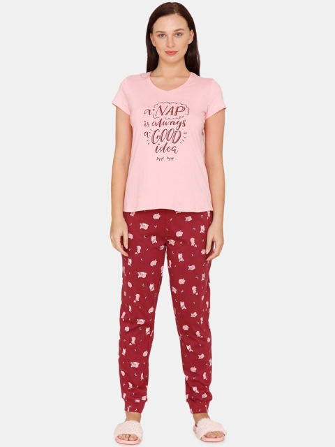 

Zivame Women Pink & Red Printed Night suit