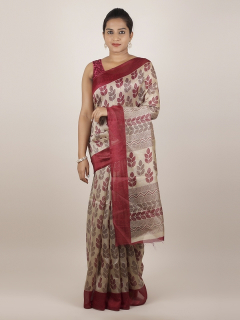 

Pothys Cream-Coloured & Red Jute Silk Printed Saree