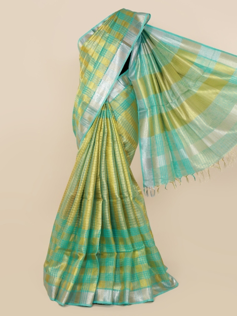 

Pothys Gold-Toned & Green Linen Blend Checked Saree