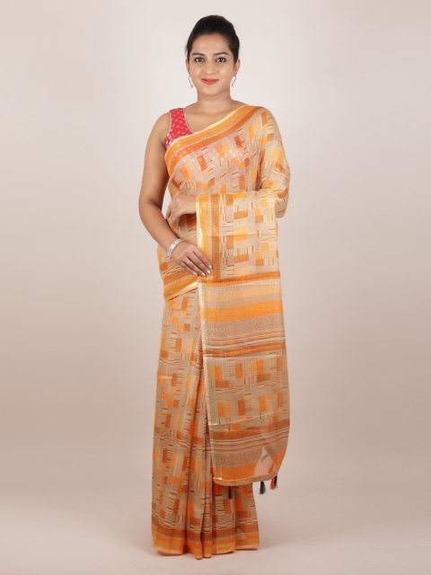

Pothys Cream-Coloured & Yellow Jute Silk Printed Saree