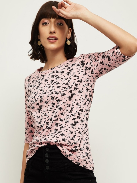 

max Women Pink Printed Round Neck Tshirt