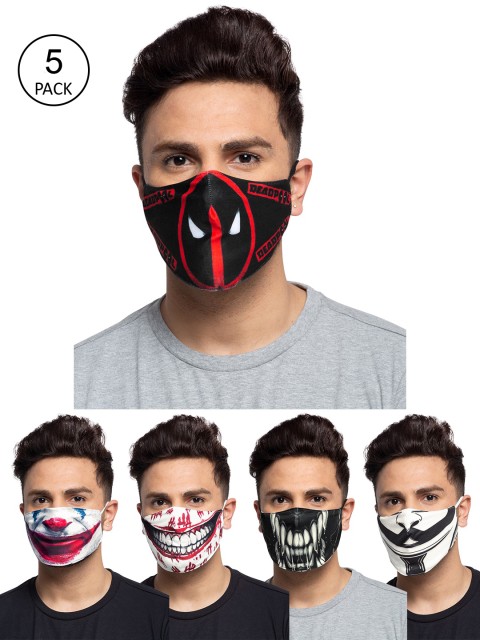 

TREEMODA Men Pack Of 5 Printed 3-Ply Reusable Cloth Face Masks, Black